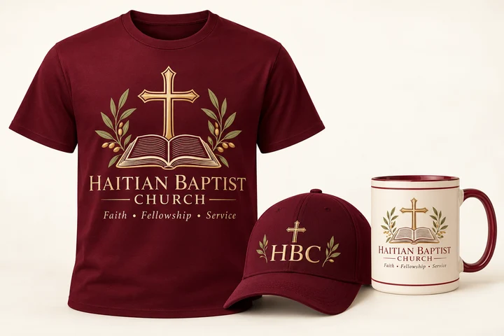 Burgundy Covenant Heritage shirt, hat and mug design examples