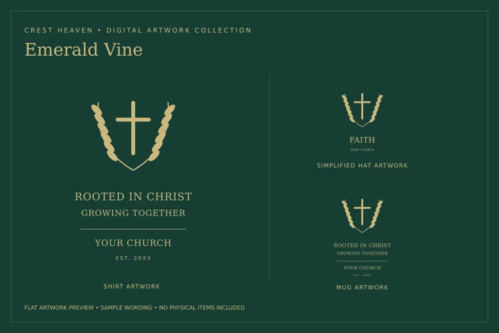 Emerald Vine shirt, hat and mug design examples