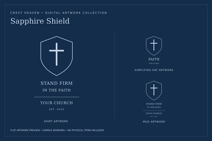 Sapphire Shield shirt, hat and mug design examples