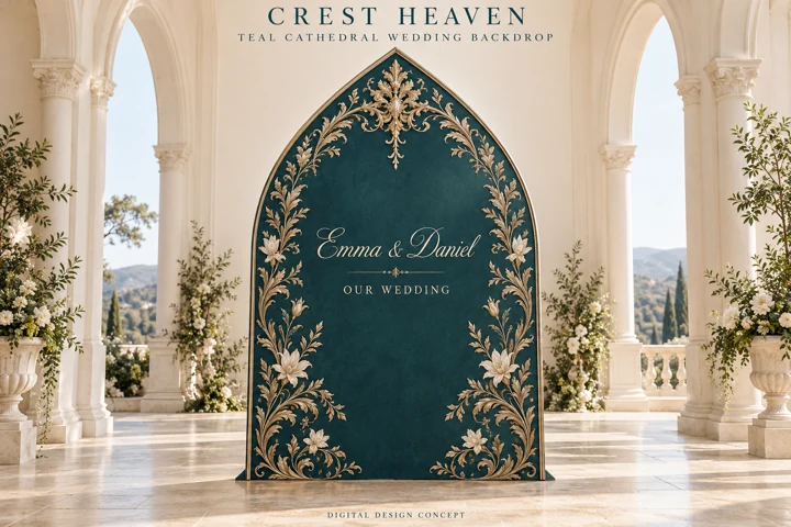 Teal Cathedral Wedding Backdrop — Design concept