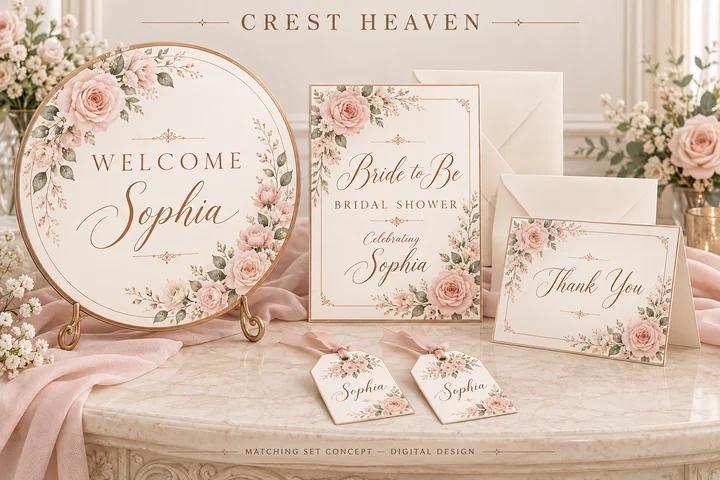 Blush Bridal Shower Set — Blush roses and illustrated rose-gold details connect a bridal shower invitation, circular welcome sign, thank-you card and favor tags.