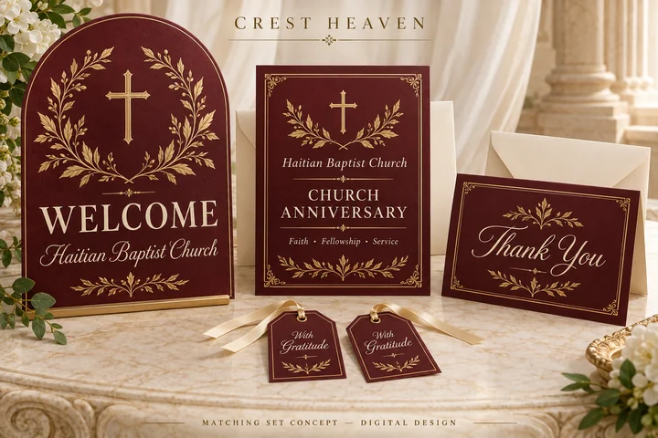 Faith & Fellowship Church Anniversary Set — A simple cross, botanical laurel and burgundy-and-gold palette coordinate a church anniversary invitation, welcome sign, thank-you card and favor tags. The church name is an illustrative personalization example.