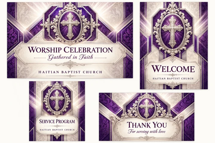 Royal Amethyst Worship Collection — Amethyst and illustrated platinum, layered octagonal architecture, a cross medallion and delicate damask for a worship celebration. Coordinated invitation, welcome sign, service program front cover and thank-you card.