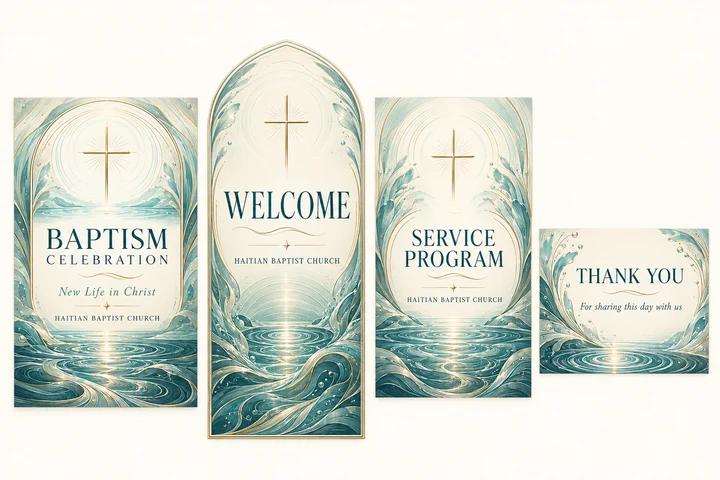 Aqua Promise Baptism Collection — Sea-glass aqua, ivory and illustrated champagne accents with engraved water ripples and a slender cross for a baptism celebration. Coordinated invitation, welcome sign, service program front cover and thank-you card.