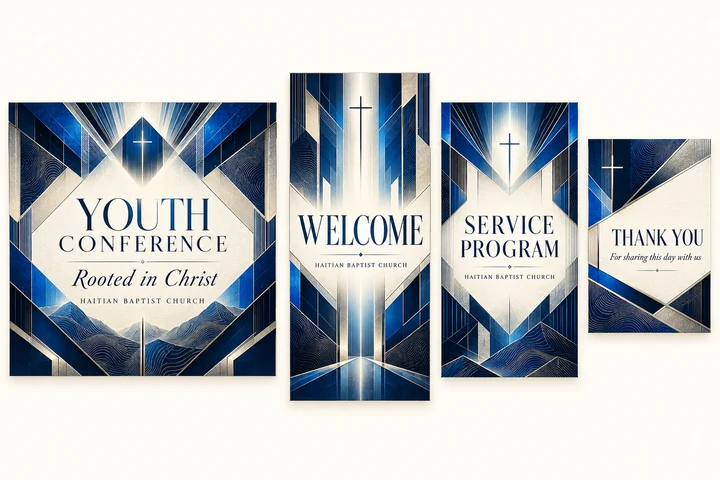 Cobalt Rise Youth Conference Collection — Cobalt, midnight blue and illustrated silver with precision angular frames, geometric light rays and topographic linework for a youth conference. Coordinated invitation, welcome sign, service program front cover and thank-you card.