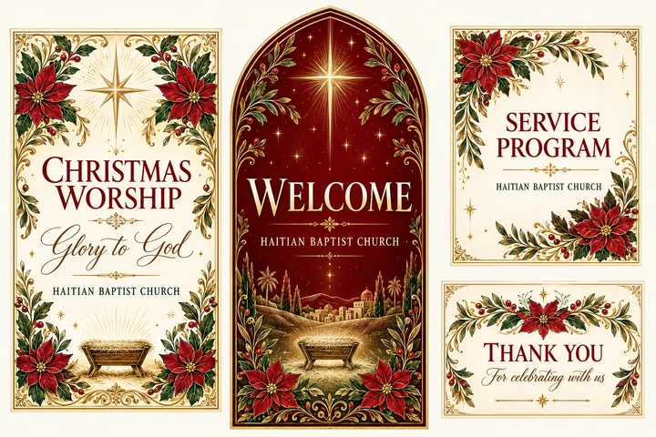 Crimson Noel Christmas Worship Collection — Crimson, ivory and illustrated antique gold with poinsettias, olive branches, a Bethlehem star and an empty-manger illustration for Christmas worship. Coordinated invitation, welcome sign, service program front cover and thank-you card.