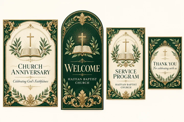 Emerald Heritage Church Collection — Emerald, ivory and illustrated gold engraving with olive branches, oval framing and an open-Bible motif. Coordinated anniversary invitation, welcome sign, service program cover and thank-you card.
