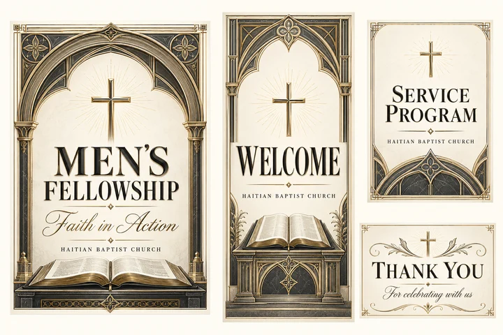 Graphite Covenant Men’s Fellowship Collection — Graphite, ivory and illustrated gold architectural engraving, a simple cross and an open Bible for men’s fellowship. Coordinated invitation, welcome sign, service program front cover and thank-you card.