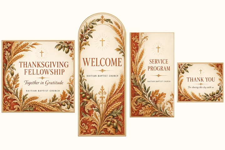 Copper Harvest Thanksgiving Collection — Copper, terracotta and illustrated antique gold with engraved wheat, olive branches and oak leaves for thanksgiving fellowship. Coordinated invitation, welcome sign, service program front cover and thank-you card.
