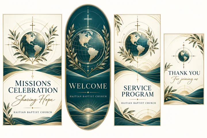 Teal Horizon Missions Collection — Deep teal, ivory and illustrated champagne detail with a globe medallion, olive sprigs and flowing horizon lines for a missions celebration. Coordinated invitation, welcome sign, service program front cover and thank-you card.