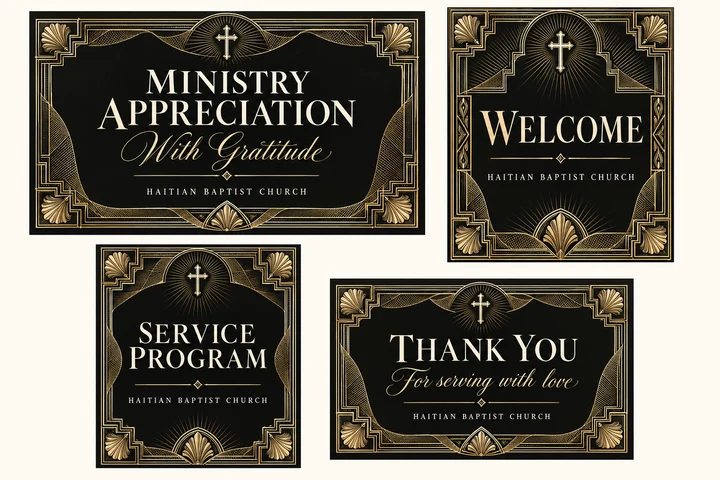 Onyx Gold Ministry Appreciation Collection — Matte-black styling and illustrated gold guilloche, stepped Art Deco borders and palmettes for ministry appreciation. Coordinated invitation, welcome sign, service program front cover and thank-you card.