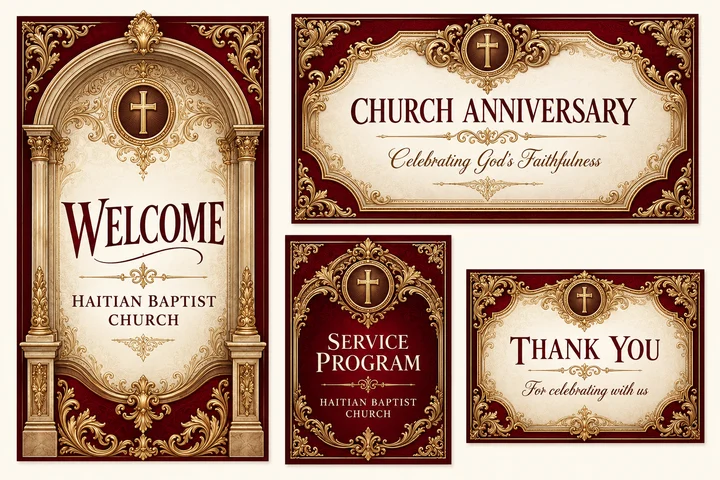 Burgundy Palace Church Collection — Palace arches, carved-style acanthus and an ornate cross medallion in burgundy, ivory and illustrated antique gold. Coordinated anniversary invitation, welcome sign, service program cover and thank-you card.