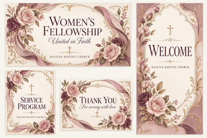 Pearl Rose Women’s Fellowship Collection — Pearl ivory, dusty mauve and illustrated rose-gold detail with engraved roses and flowing botanical frames for women’s fellowship. Coordinated invitation, welcome sign, service program front cover and thank-you card.