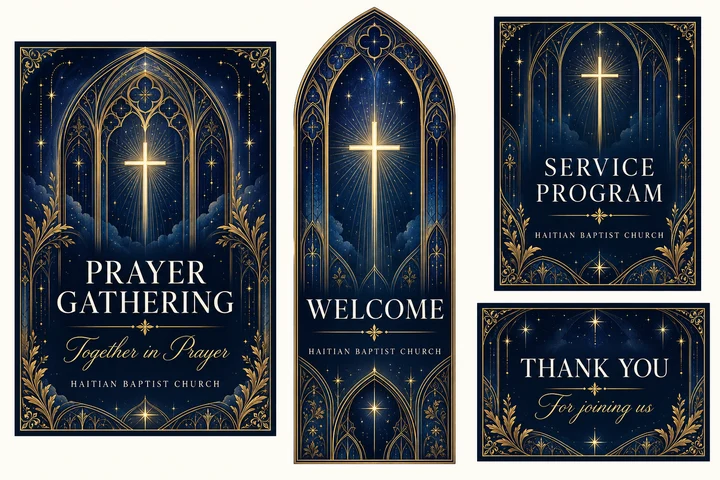 Midnight Grace Prayer Gathering Collection — Midnight indigo, ivory and illustrated gold tracery with a radiant cross and delicate star-like detail for a prayer gathering. Coordinated invitation, welcome sign, service program front cover and thank-you card.