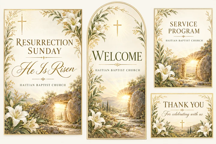 Ivory Radiance Resurrection Collection — Luminous ivory, soft sage and illustrated gold, white lilies and an open-tomb illustration with morning light for Resurrection Sunday. Coordinated invitation, welcome sign, service program front cover and thank-you card.