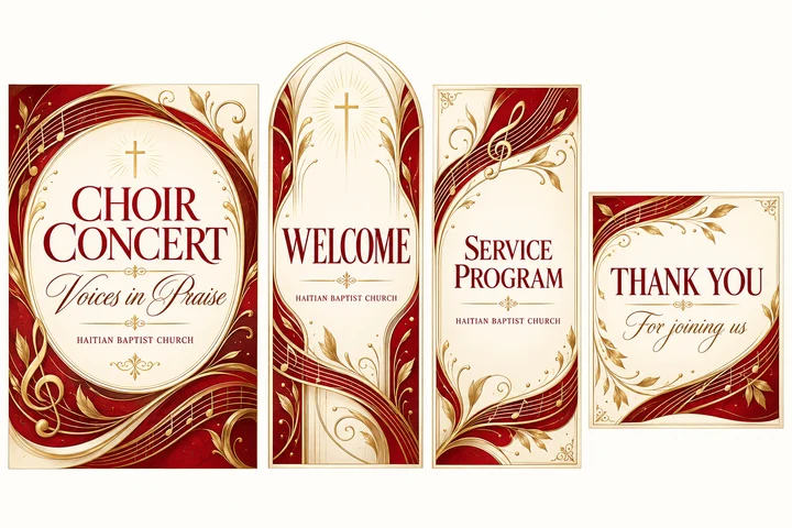 Ruby Anthem Choir Concert Collection — Ruby, ivory and illustrated champagne-gold musical flourishes with flowing ribbons and refined oval frames for a choir concert. Coordinated invitation, welcome sign, service program front cover and thank-you card.