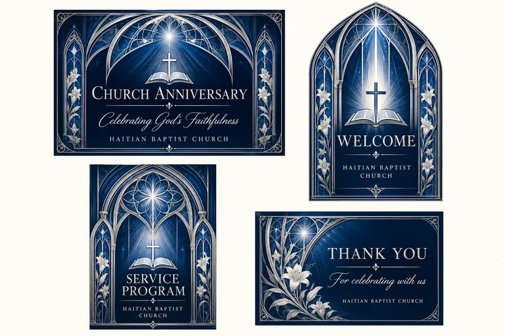 Sapphire Light Church Collection — Sapphire blue, pearl white and illustrated silver tracery with pointed arches, lilies, light rays and an open-Bible emblem. Coordinated anniversary invitation, welcome sign, service program cover and thank-you card.