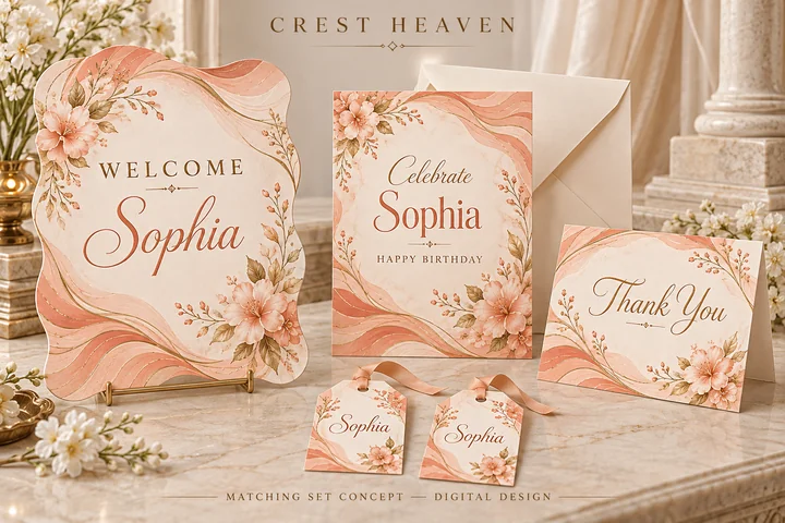 Coral Birthday Set — Coral and peach waves bring together a birthday invitation, wave-edge welcome sign, thank-you card and favor tags.