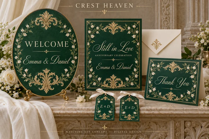 Emerald Anniversary Set — Emerald, ivory and illustrated gold acanthus frame an anniversary invitation, oval welcome sign, thank-you card and favor tags.