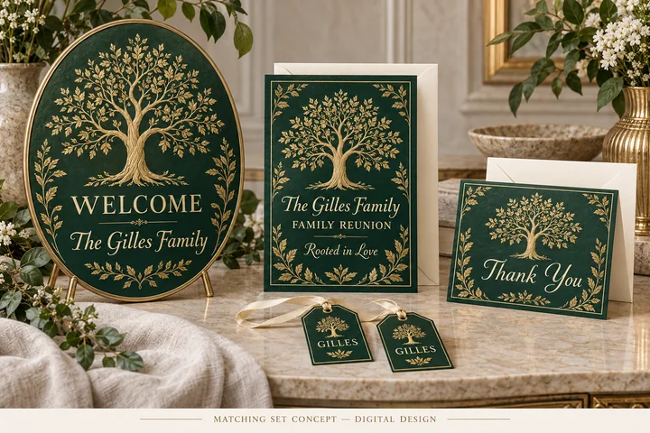 Rooted in Love Family Reunion Set — An illustrated family tree and forest-green palette connect a reunion invitation, oval welcome sign, thank-you card and favor tags. The family name is an example.