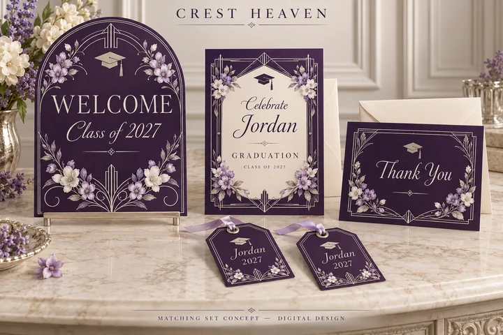 Lilac Graduation Set — Purple, lilac and illustrated silver lines coordinate a graduation invitation, welcome sign, thank-you card and favor tags.