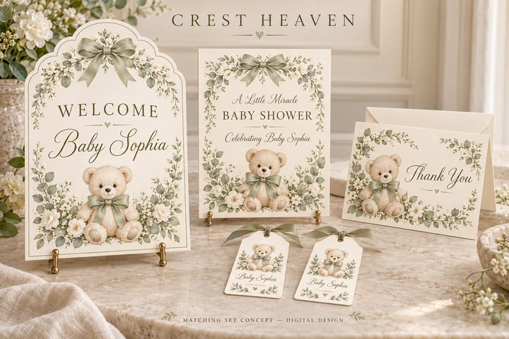 Little Miracle Baby Shower Set — Soft sage botanicals and a teddy-bear motif tie together the invitation, welcome sign, thank-you card and favor tags.