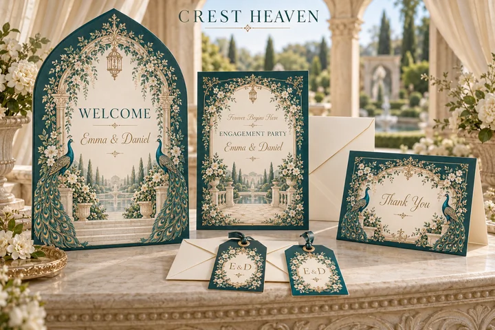 Engagement Garden Set — Teal, ivory and champagne botanical details coordinate an engagement invitation, pointed-arch welcome sign, thank-you card and favor tags.
