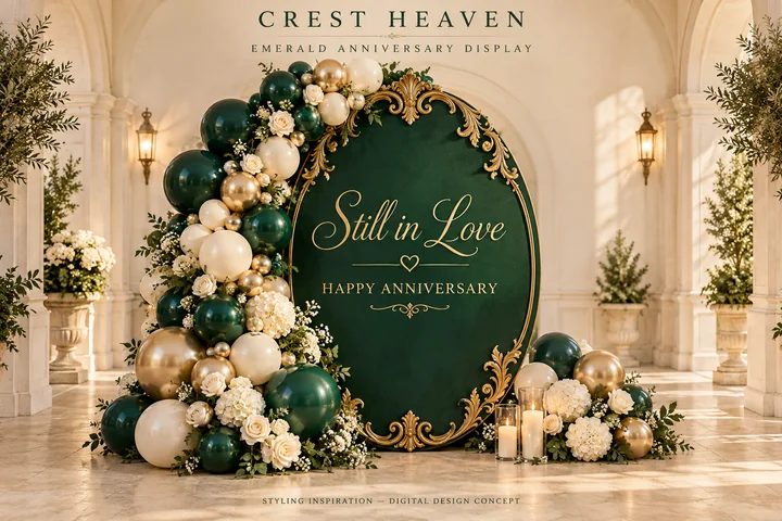 Emerald Anniversary — An emerald oval with gold ornament, coordinated balloons and ivory flowers.