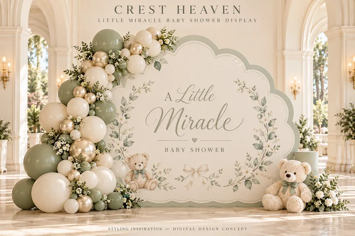 Little Miracle Baby Shower — A scalloped sage-and-ivory backdrop with soft balloon clusters and teddy bear details.