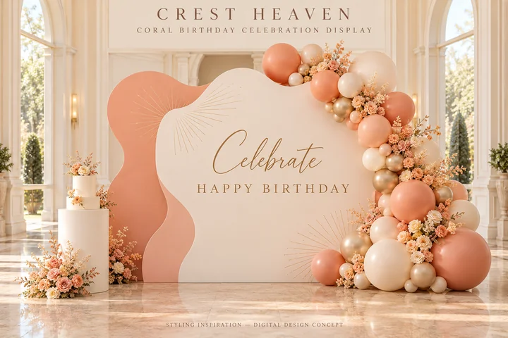 Coral Birthday Celebration — Wave-edged panels with coral, peach and champagne balloons for a cheerful celebration.