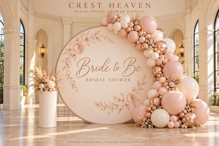 Blush Bridal Shower — A floral blush circle with peach, ivory and rose-gold balloon styling.