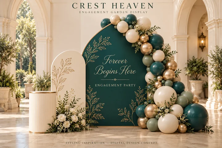 Engagement Garden — A pointed teal arch with ivory companion panel, champagne balloons and garden florals.
