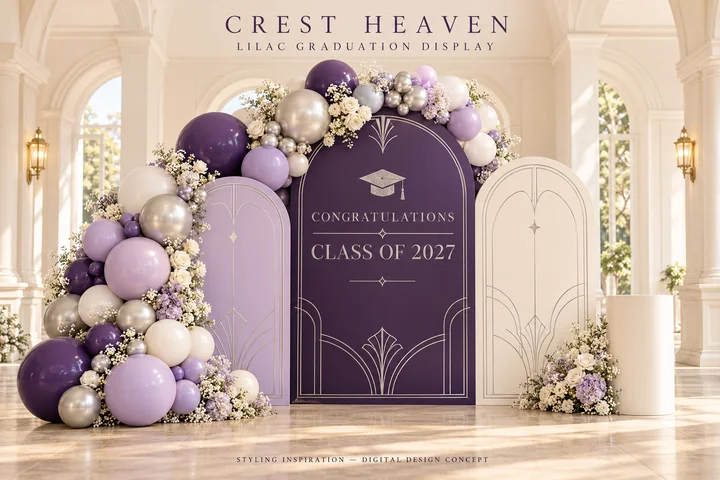 Lilac Graduation — Three rounded panels with purple, lilac, white and silver balloons around the class-year centerpiece.
