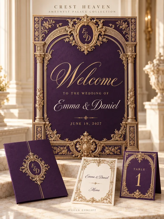 Amethyst Palace — Illustrated wedding design concept with welcome sign and matching stationery