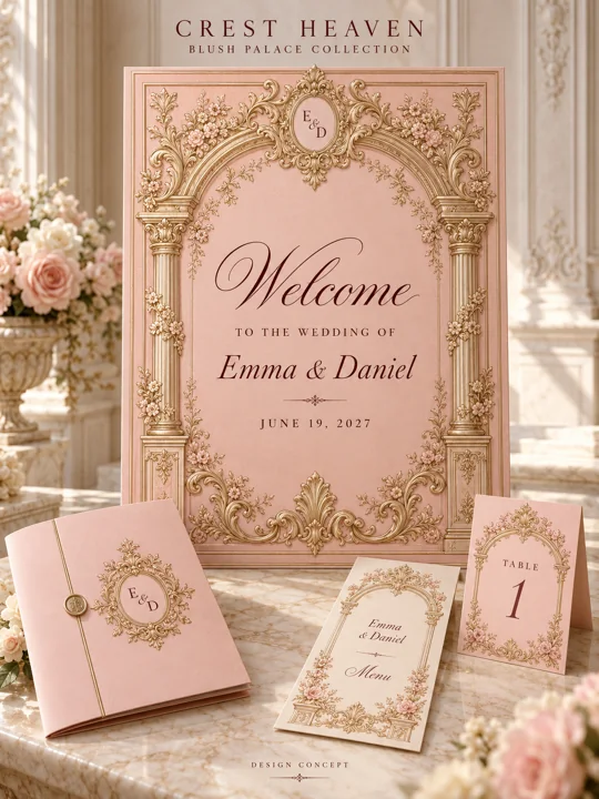 Blush Palace — Illustrated wedding design concept with welcome sign and matching stationery