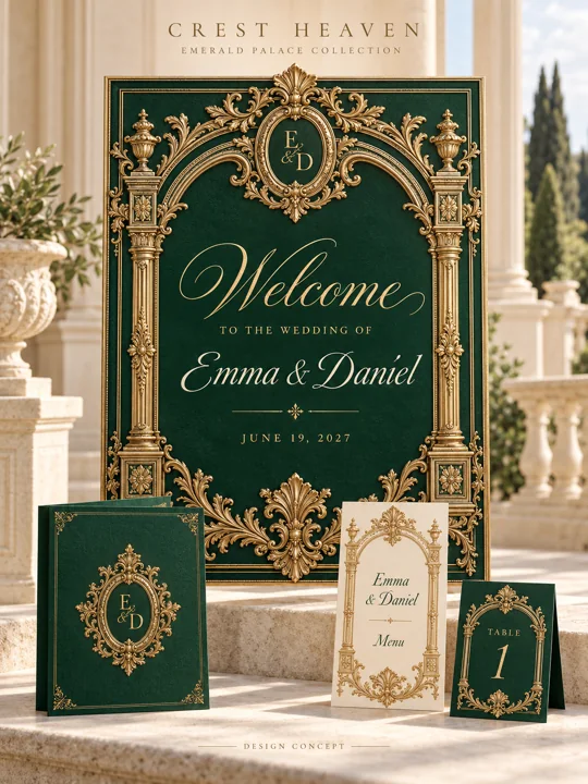 Emerald Palace — Illustrated wedding design concept with welcome sign and matching stationery