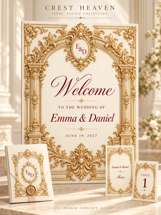 Ivory Palace — Illustrated wedding design concept with welcome sign and matching stationery