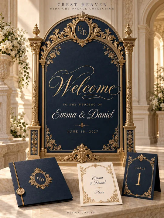 Midnight Palace — Illustrated wedding design concept with welcome sign and matching stationery