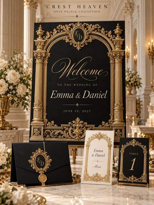 Onyx Palace — Illustrated wedding design concept with welcome sign and matching stationery