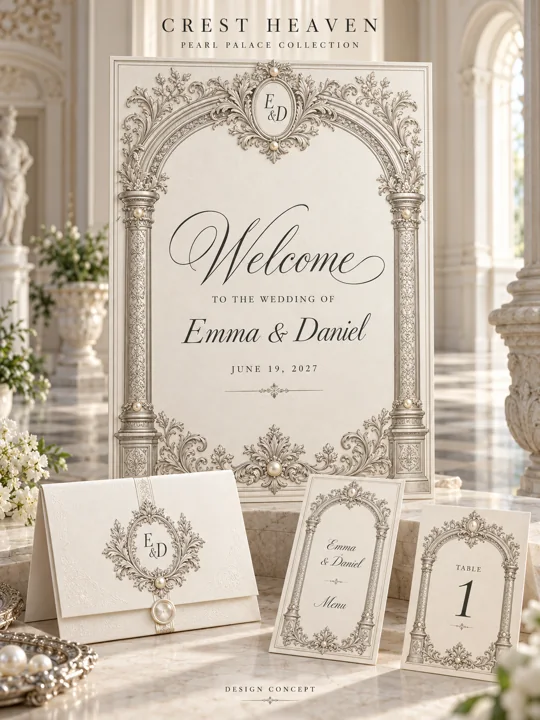 Pearl Palace — Illustrated wedding design concept with welcome sign and matching stationery