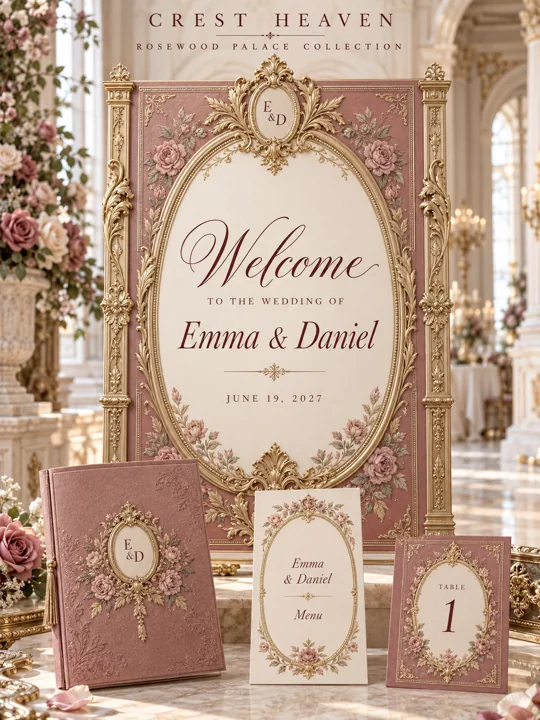 Rosewood Palace — Illustrated wedding design concept with welcome sign and matching stationery