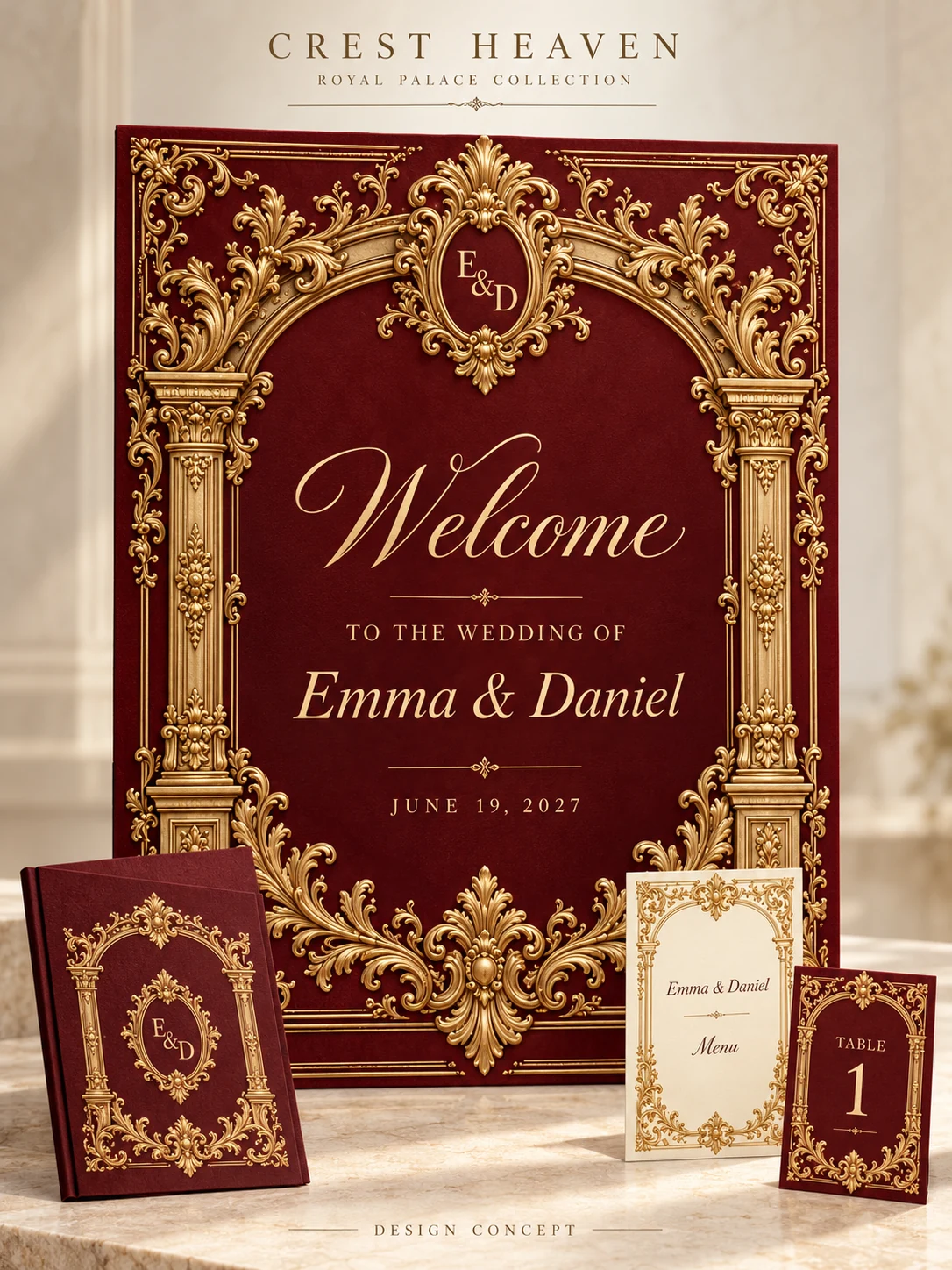 Royal Palace — Illustrated wedding design concept with welcome sign and matching stationery