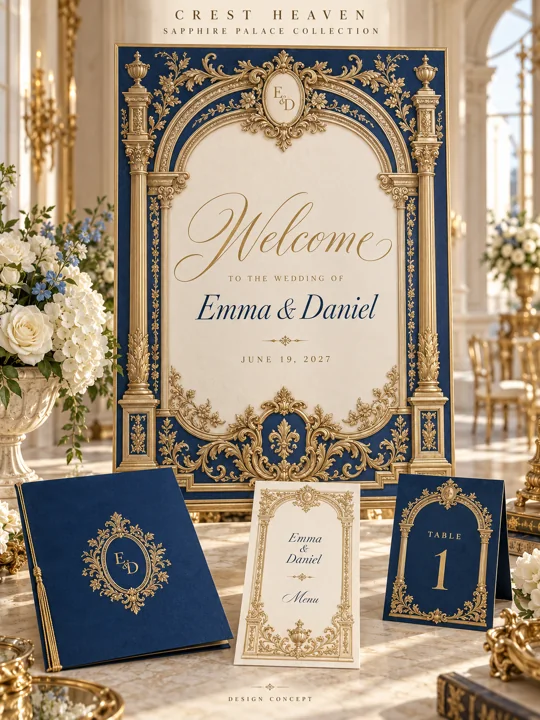 Sapphire Palace — Illustrated wedding design concept with welcome sign and matching stationery