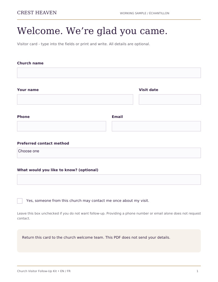 Blank church visitor card preview